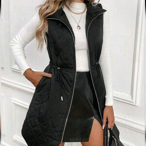 Drawstring Waist Zipper Vest Quilted Coat